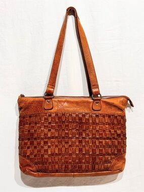 Vilenca Holland Brown Soft Leather Woven Front Design Laptop Shoulder Bag Purse